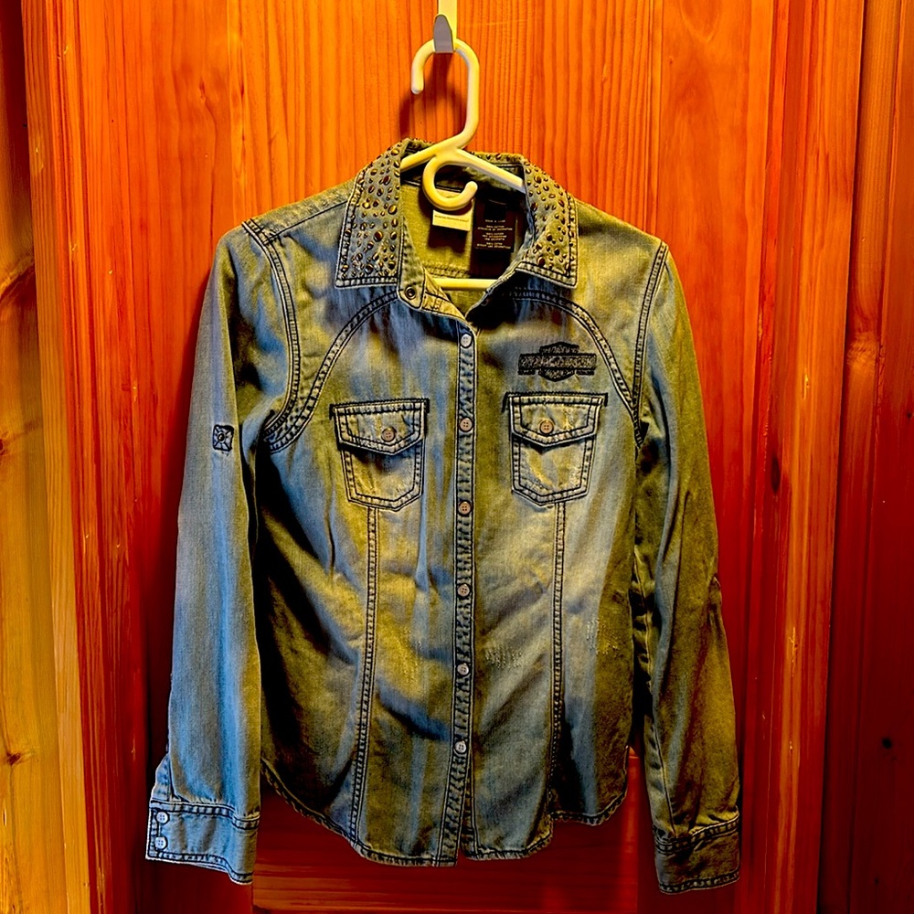 Harley Davidson - Distressed Jean, w/ Studded Collar Button-Up Shirt - Medium
